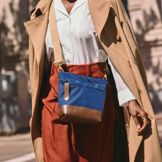 Betsy Bucket Bag | Navy Nylon + Brown Leather
