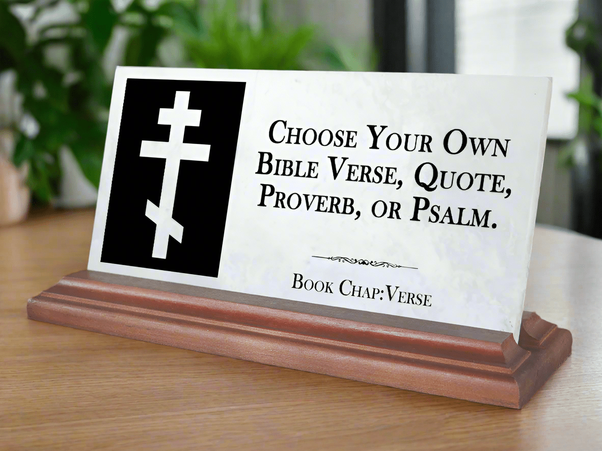 Bible Verse Marble Plaque – Custom Christian Desk Gift with Orthodox Cross and Scripture Quote