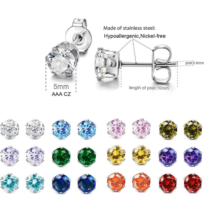 Birthstone Zirconia Stainless Steel Stud Earrings