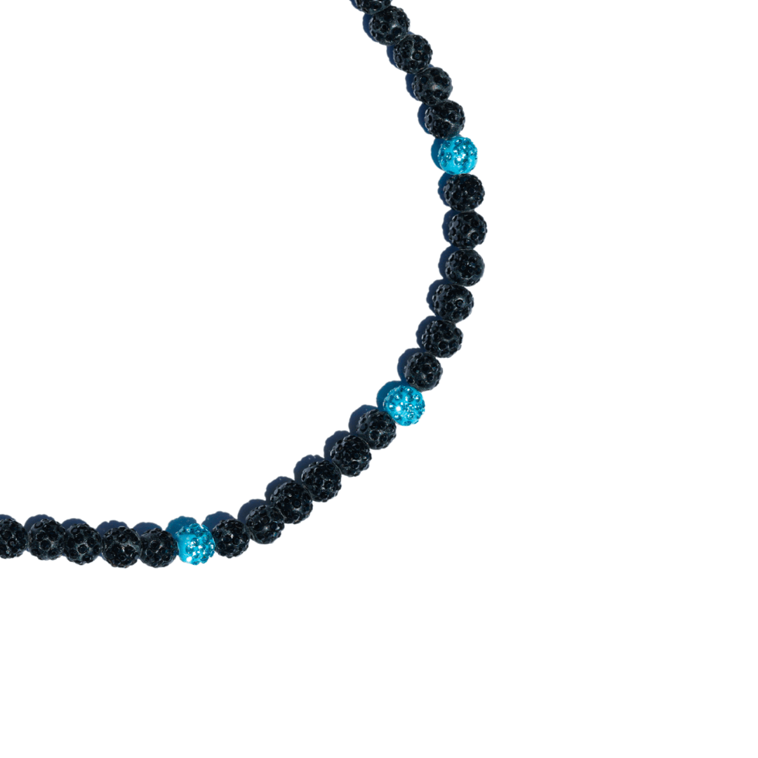 Black Skyline Iced Out Baseball Bead Necklace | Black & Baby Blue