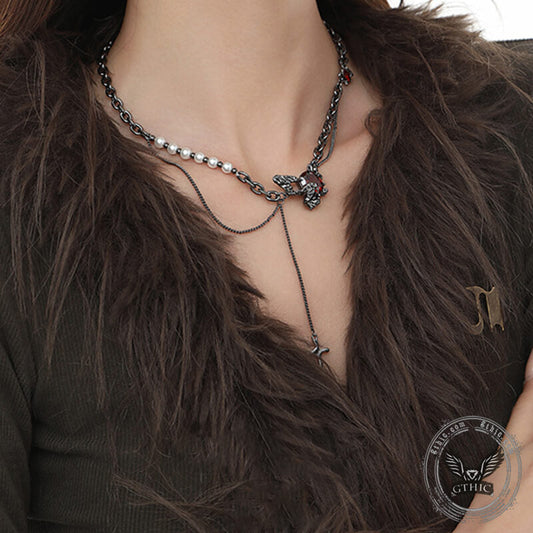 Black Butterfly Chain Spliced Pearl Necklace