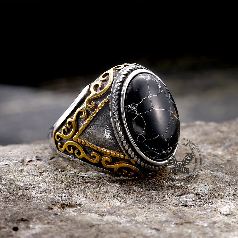 Black Crack Turquoise Patterned Stainless Steel Ring