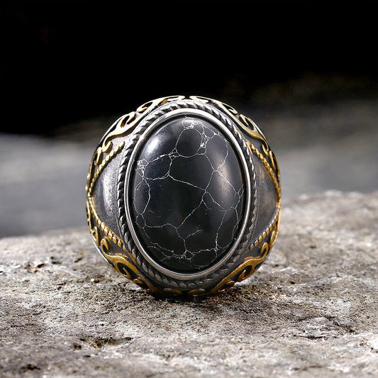 Black Crack Turquoise Patterned Stainless Steel Ring