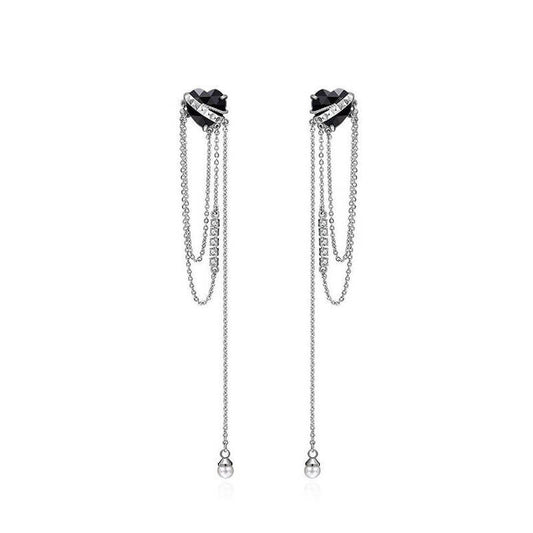 Black Heart-shaped Zircon Tassel Alloy Earrings
