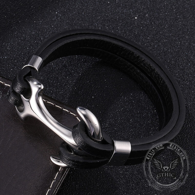 Black Leather Anchor Stainless Steel Marine Bracelet