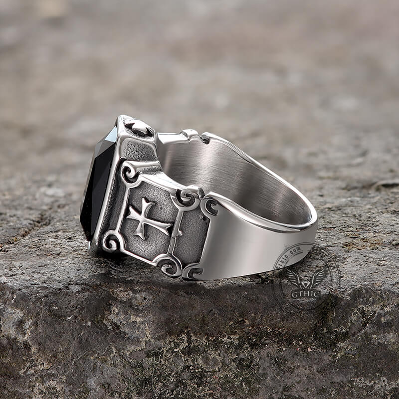 Black Zircon Stainless Steel Cross Ring