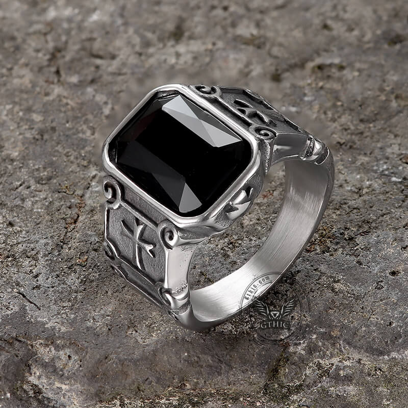 Black Zircon Stainless Steel Cross Ring