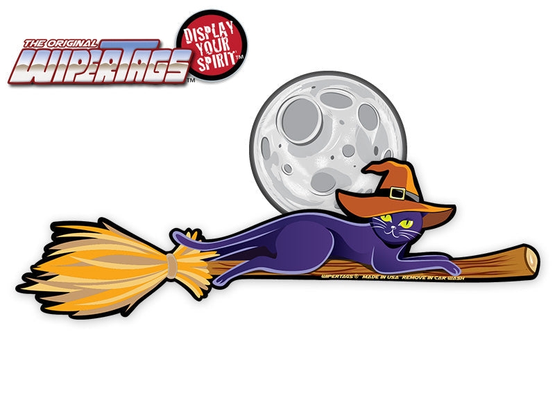 Black Cat Witch Hat on Broom WiperTag with Moon for Halloween