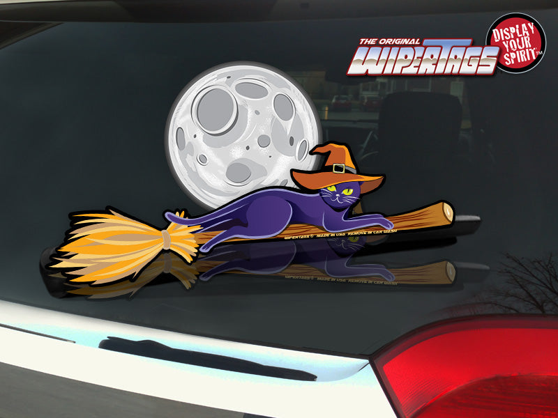 Black Cat Witch Hat on Broom WiperTag with Moon for Halloween