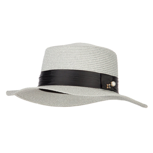 Lurex Straw Boat Hat with Rhinestone Pearl Accented Band