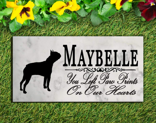 Boston Terrier Memorial Marble Stone Plaque Personalized You Left Paw Prints On Our Hearts