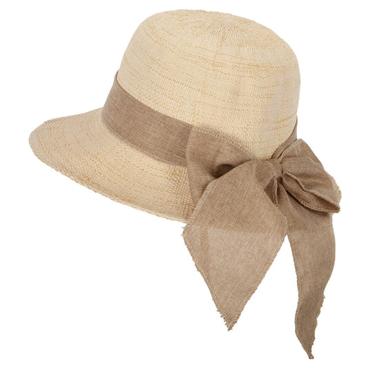 Women's Paper Braid Cotton Wide Ribbon Tie Accented Bucket Hat