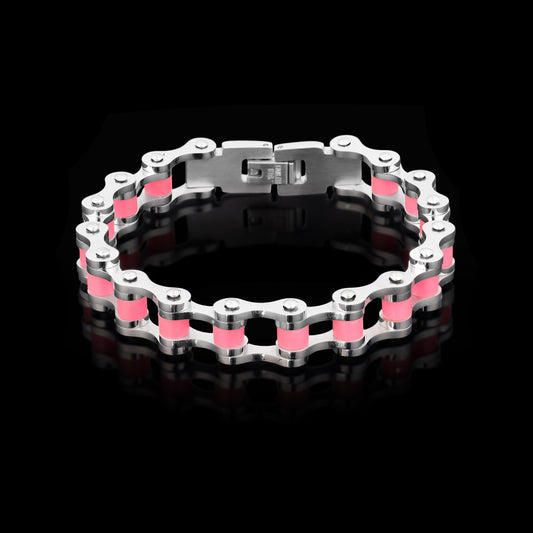 Stainless Steel And Pink Women's Bike Chain Bracelet