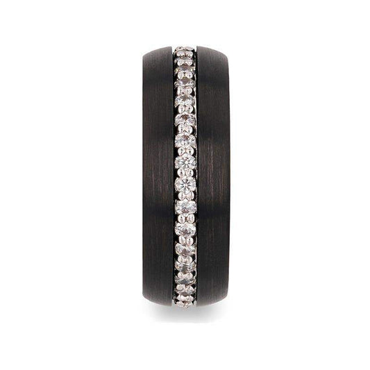 TSAR Black Tungsten Carbide Ring, Domed Brushed Finish with White Sapphires – 8mm