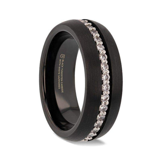 TSAR Black Tungsten Carbide Ring, Domed Brushed Finish with White Sapphires – 8mm