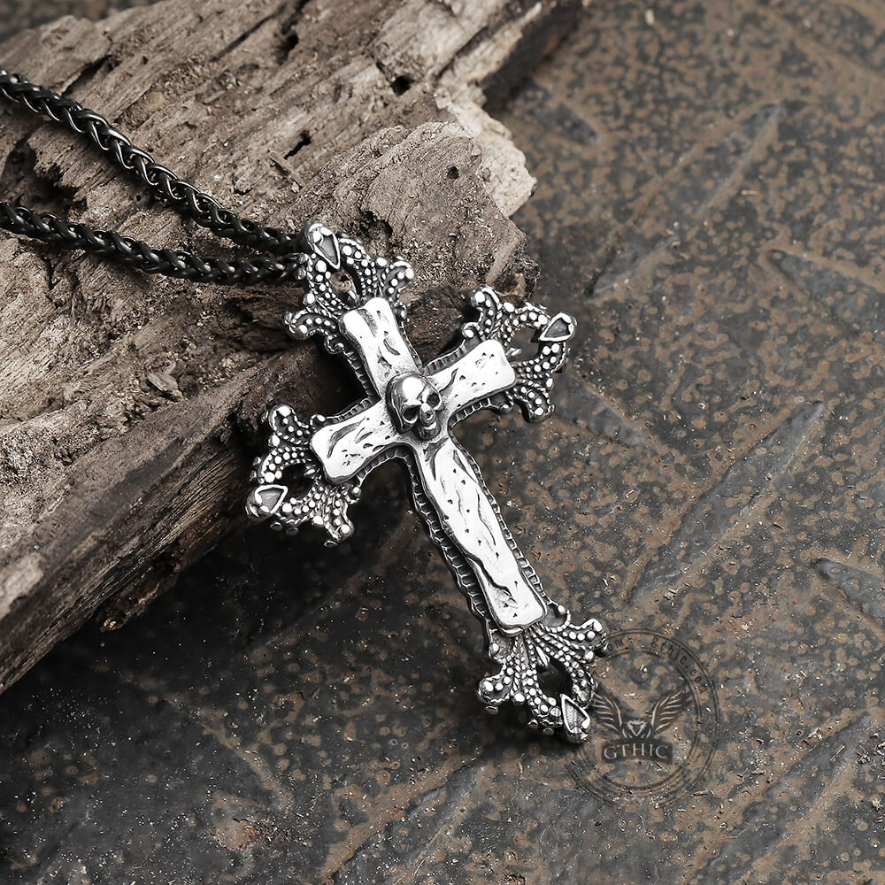 Budded Cross Stainless Steel Skull Pendant