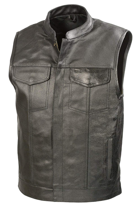 SOA Men’s Black Premium Leather Club Style Motorcycle Riding Vest BZ6210