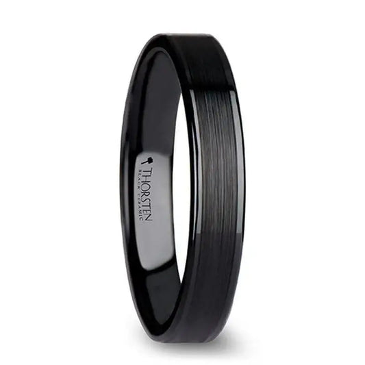 OLIVIA Women’s Flat Black Ceramic Ring with Brushed Center and Polished Edges - 4mm