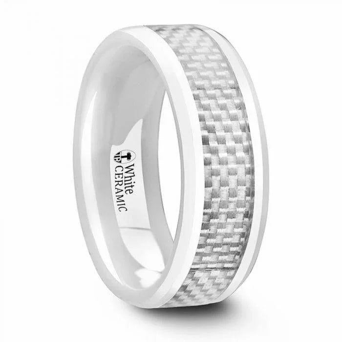 KENYON Beveled Polished White Ceramic Wedding Band with White Carbon Fiber Inlay – 8mm