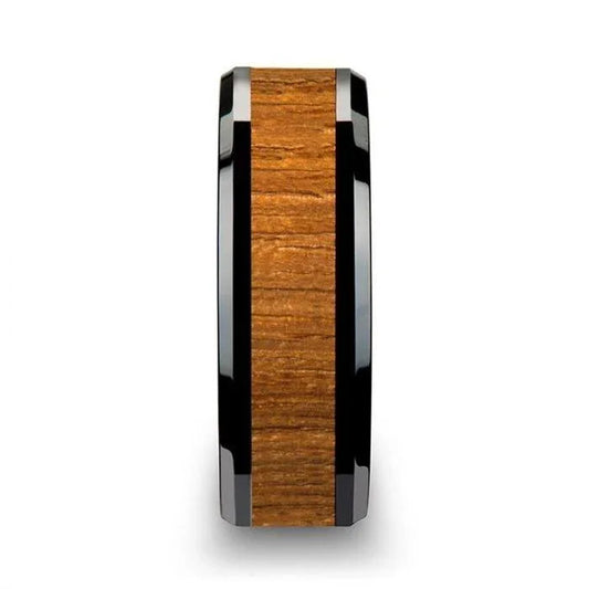 SAGON Black Ceramic Ring with Polished Bevels and Teak Wood Inlay - 6mm - 10mm