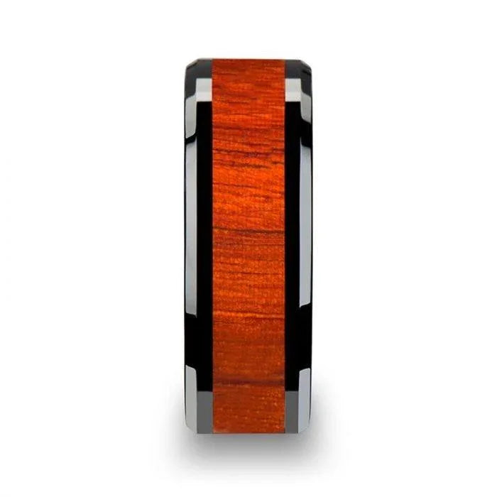 BOSULU Black Ceramic Ring with Polished Bevels and Padauk Real Wood Inlay - 6mm - 10mm