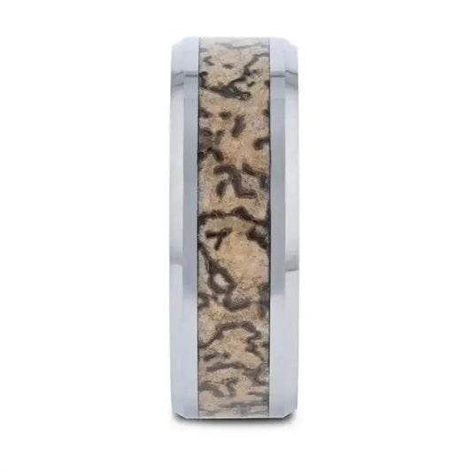 ORDOVICIAN Dinosaur Bone Inlaid Tungsten Carbide Beveled Edged Ring - 4mm or 8mm