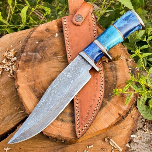 14-Inch Raindrops Damascus Steel Hunting Bowie Knife | Custom Handcrafted with Colored Bone Handle & Leather Sheath | KBS Knives