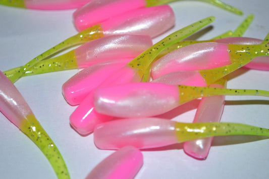 Cam's 2" Stinger Shad 35pc  Pink and White w/ Chartreuse Tail Grubs Crappie Soft Jigs