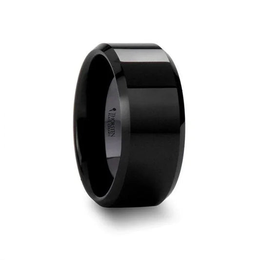 CITAR Polished Black Ceramic Ring with Beveled Edges — 10mm