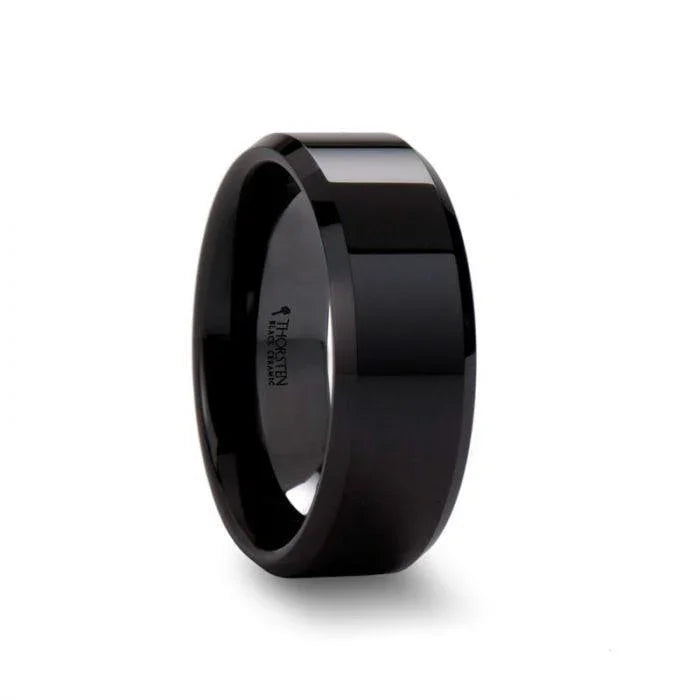 CITAR Polished Black Ceramic Ring with Beveled Edges — 10mm
