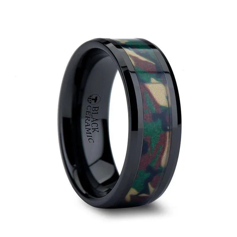 RANGER Black Ceramic Ring Military Style Jungle Camo - 10mm