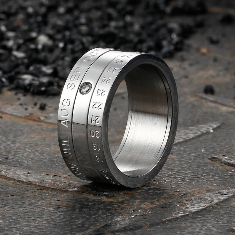 Calendar Diamond Stainless Steel Spinner Ring