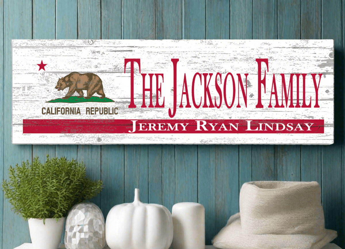 California Flag Sign with Family Names or Established Date