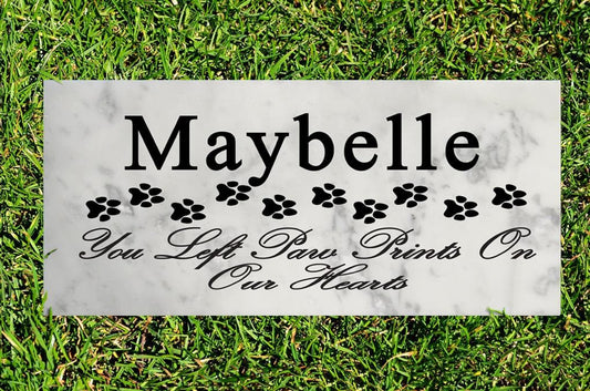 Cat Memorial Plaque – Personalized “You Left Paw Prints On Our Hearts” Marble Tribute with Paw Trail