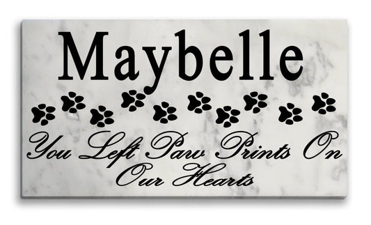 Cat Memorial Plaque – Personalized “You Left Paw Prints On Our Hearts” Marble Tribute with Paw Trail