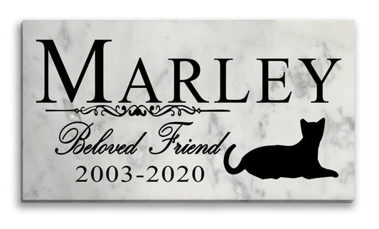 Personalized Cat Memorial – Marble Pet Plaque with Name & Years | “Beloved Friend” with Cat Silhouette