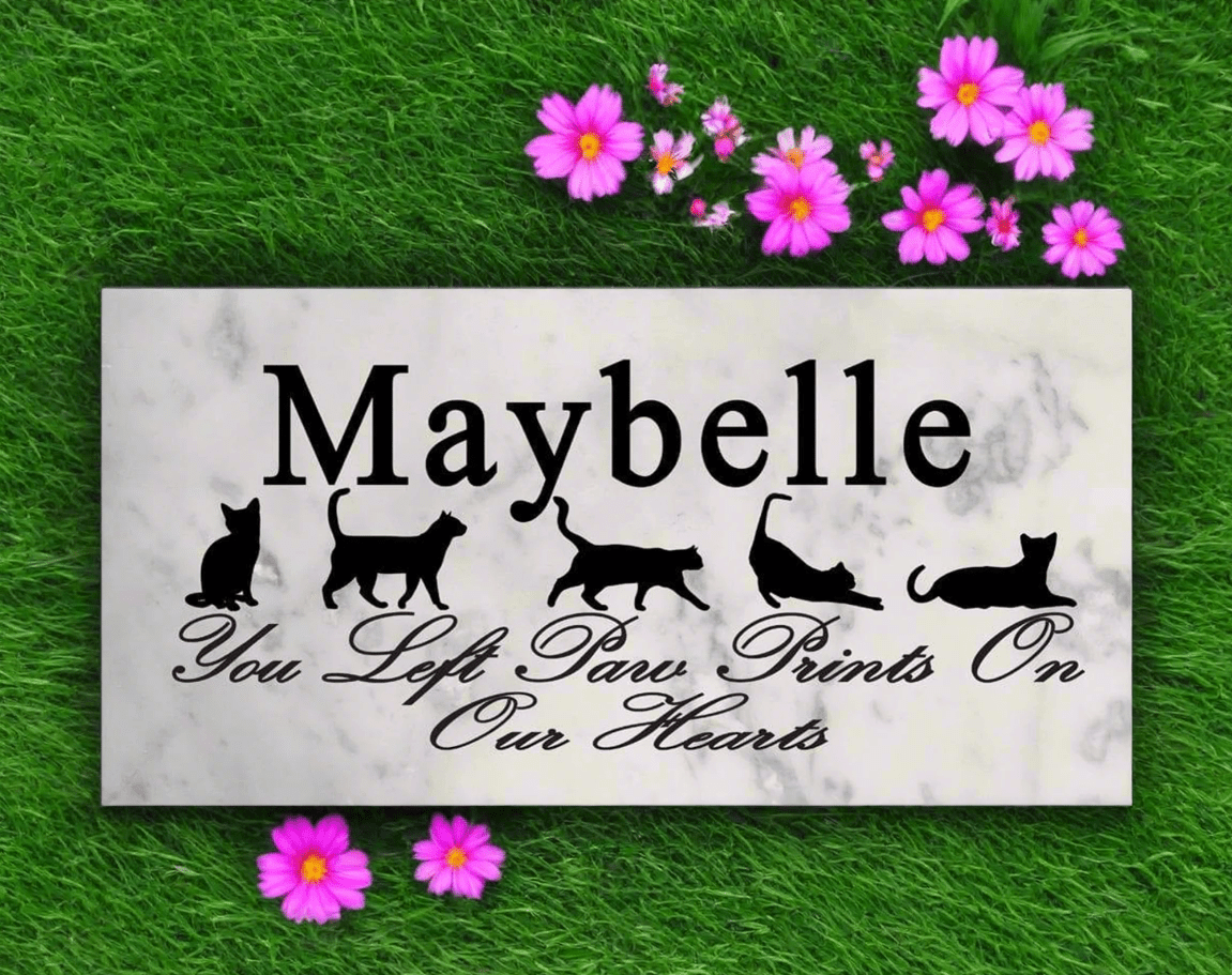Cat Memorial Plaque – Personalized “You Left Paw Prints On Our Hearts” Marble Tribute with Name