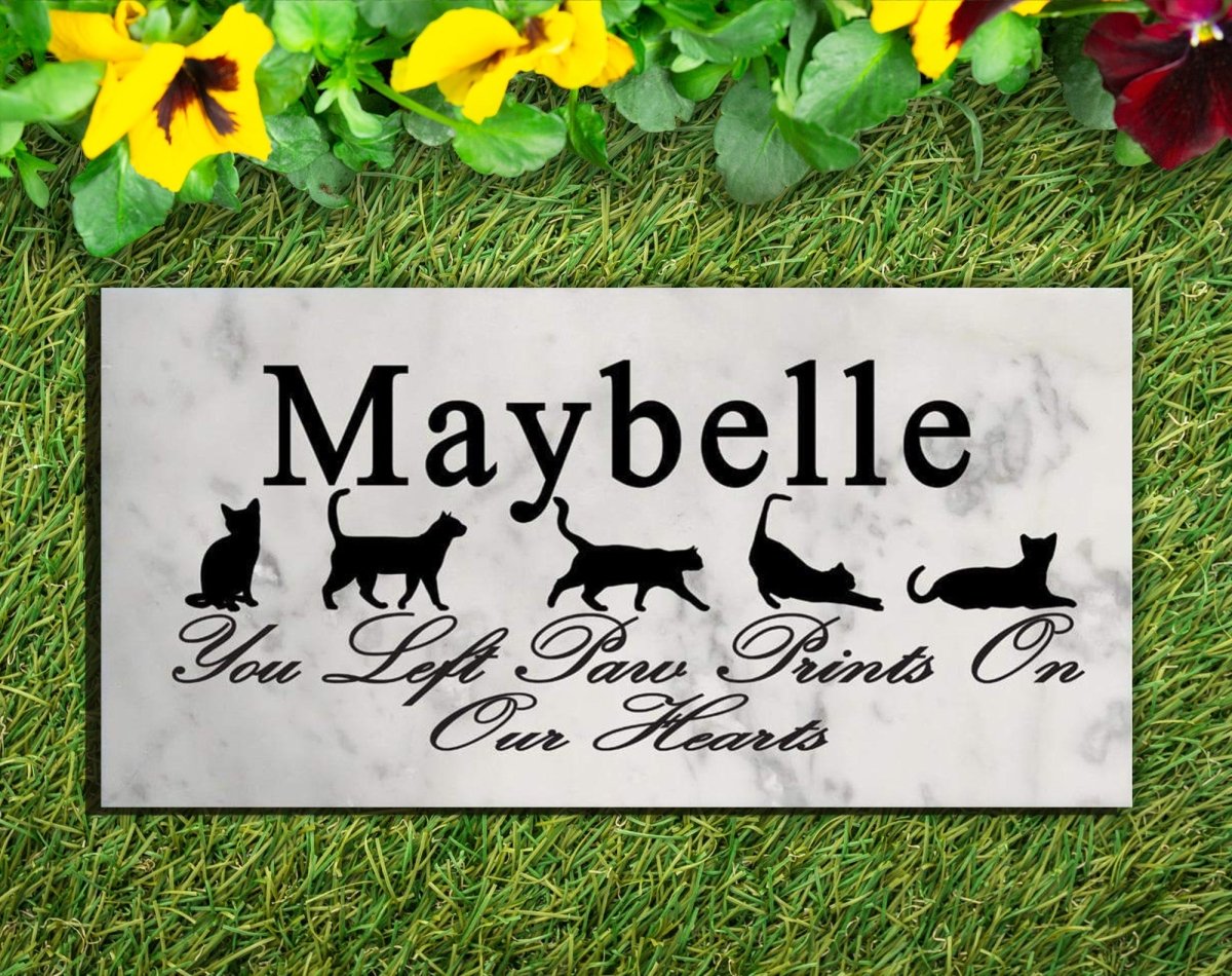 Cat Memorial Plaque – Personalized “You Left Paw Prints On Our Hearts” Marble Tribute with Name