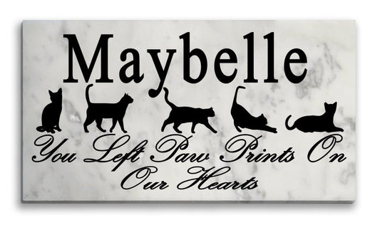 Cat Memorial Plaque – Personalized “You Left Paw Prints On Our Hearts” Marble Tribute with Name