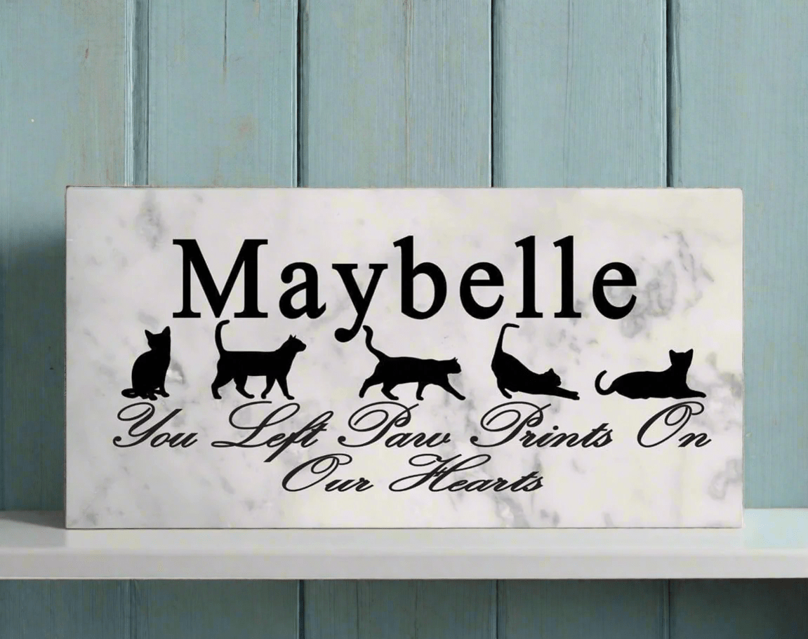 Cat Memorial Plaque – Personalized “You Left Paw Prints On Our Hearts” Marble Tribute with Name