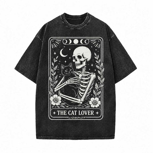 Cat Lover Skeleton Tarot Card Vintage Washed T-shirt