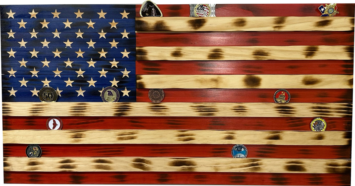 American Flag Challenge Coin Display and Hidden Gun Cabinet, Military Coin Holder Holds 100 Coins and is Ready to Hang, Large US Flag Patriotic Art 38.5" x 19.5"