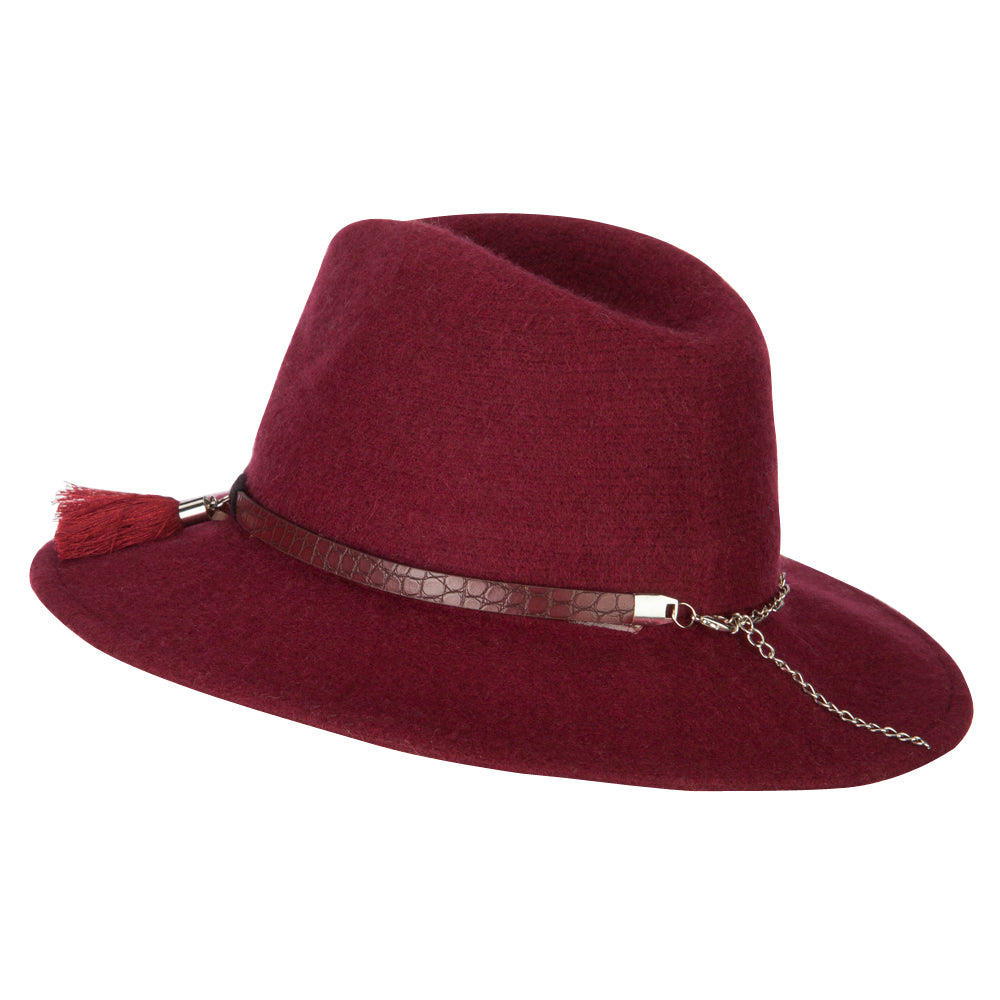 Women's Crocodile Print Trim Band with Tassel and Bead Accent Wool Fedora Hat