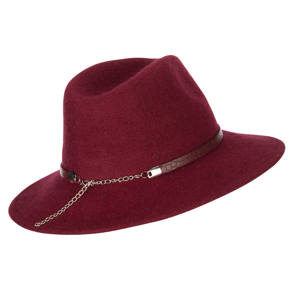 Women's Crocodile Print Trim Band with Tassel and Bead Accent Wool Fedora Hat