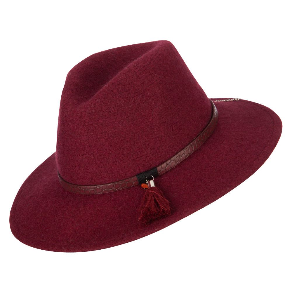 Women's Crocodile Print Trim Band with Tassel and Bead Accent Wool Fedora Hat