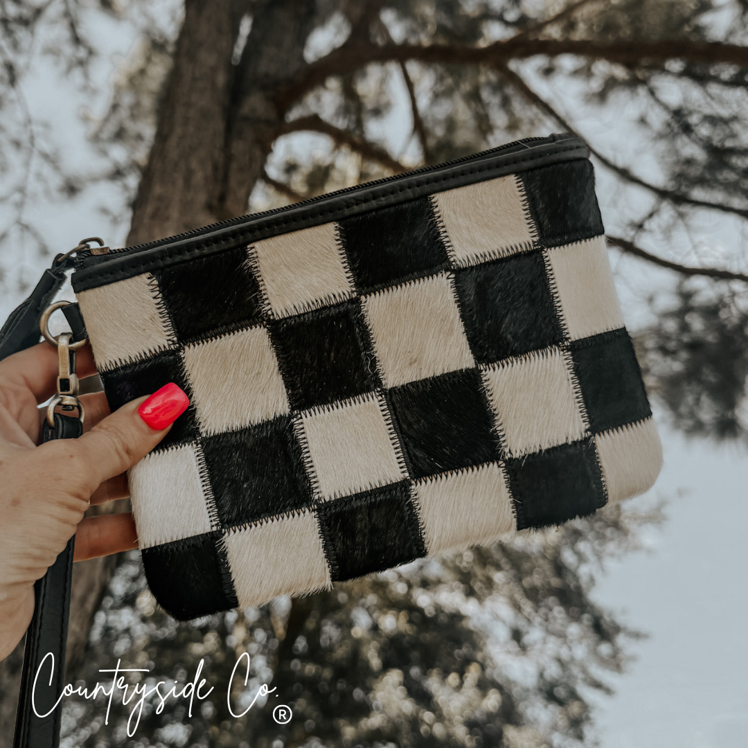 Stockyard Checkered Cowhide Wristlet