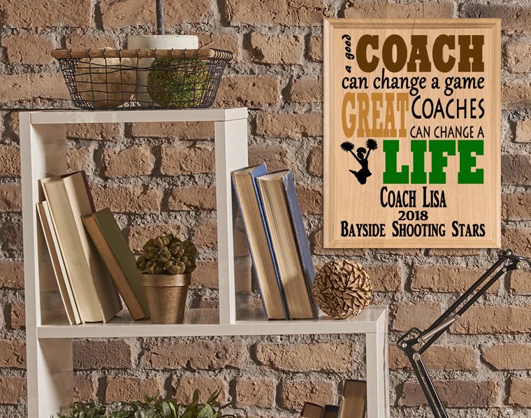Custom Cheer Coach Gift – Personalized Wood Plaque with Name & Year – “Great Coaches Change Lives” – Solid Wood – Cheerleader Gift – USA Made