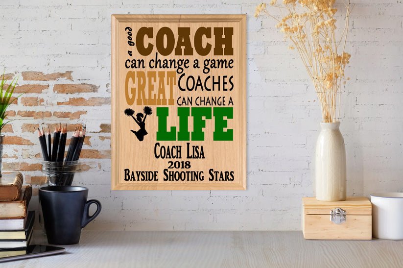 Custom Cheer Coach Gift – Personalized Wood Plaque with Name & Year – “Great Coaches Change Lives” – Solid Wood – Cheerleader Gift – USA Made