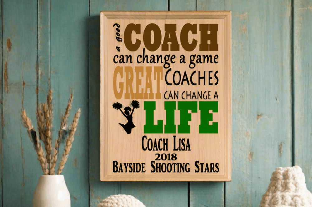 Custom Cheer Coach Gift – Personalized Wood Plaque with Name & Year – “Great Coaches Change Lives” – Solid Wood – Cheerleader Gift – USA Made