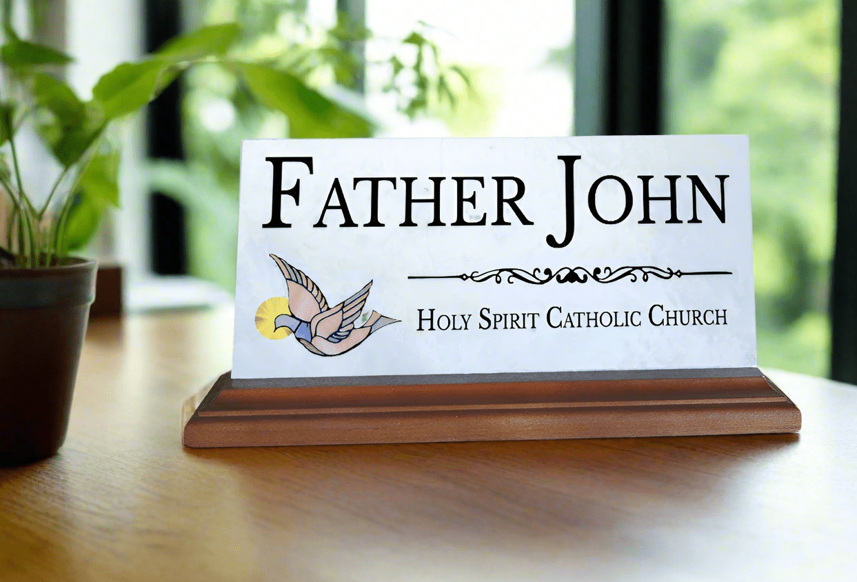 Catholic Desk Nameplate – Custom Marble Gift with Holy Spirit Dove for Priest, Deacon, or Church Staff